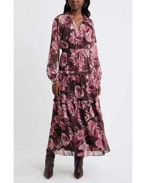 Chelsea28 Floral Metallic Clip Dot Ruffle Tiered Midi Dress
