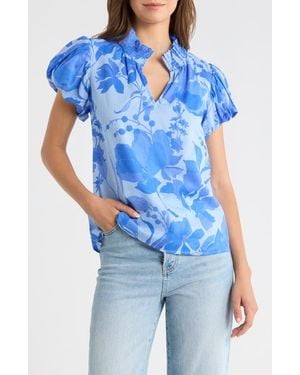 Sugarlips Veran Floral Puff Sleeve Cotton Top - Blue
