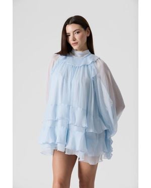 Le Fafo Tiered Ruffle Silk Chiffons Tunic Mini Dress - Blue