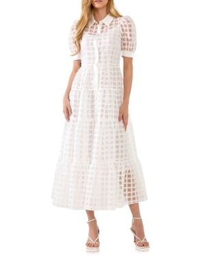 English Factory Grid Pattern Tiered Midi Shirtdress - White