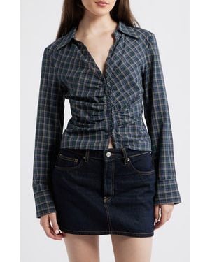 Mango Blusa Galeeno Plaid Ruched Top - Black
