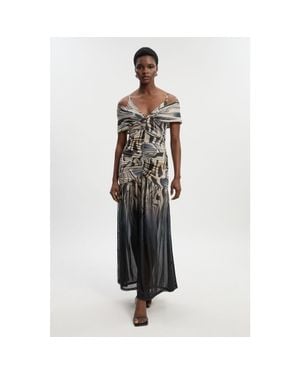 Karen Millen Marble Print Mesh Plunge Maxi Dress - White