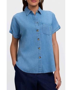 Foxcroft Abigail Short Sleeve Denim Button-Up Shirt - Blue