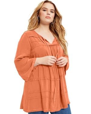 June + Vie Acid Wash Peasant Blouse - Orange