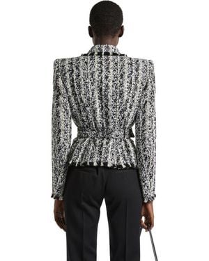 Balmain Two-Tone Tweed Belted Jacket - Black