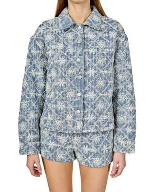 Endless Rose Floral Embroidered Nonstretch Denim Jacket - Blue