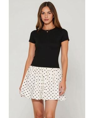 Modenaire Fitted Knit Bodice Short Sleeve Dress With Polka Dot Bubble Skirt - Multicolor