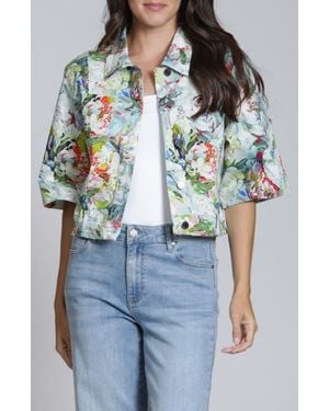 Apny Floral Print Short Sleeve Denim Jacket - Multicolor