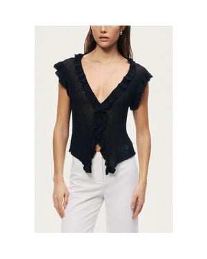 Nocturne Ruffled V-Neck Sheer Blouse - Blue