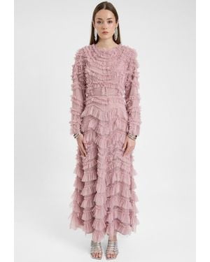MARYISA Modest Ruffle Dress Maxi With Self Print Mesh - Pink
