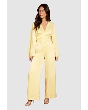 Coast Flare Sleeve Satin Wide Leg Jumpsuit - Yellow