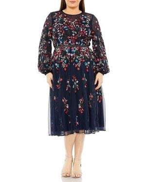 Mac Duggal Long Sleeve Beaded Cocktail Dress - Blue