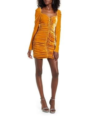 Endless Rose Ruched Long Sleeve Velvet Body-Con Dress - Orange