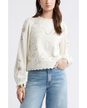 Treasure & Bond Open Floral Cutwork Linen Blend Top - White