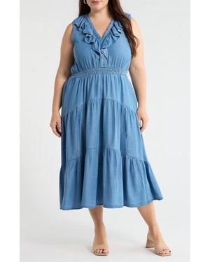 Caslon Ruffle Neck Sleeveless Chambray Midi Dress - Blue