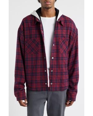 DIET STARTS MONDAY Eagle Hooded Plaid Snap-Up Flannel Shirt Jacket - Purple