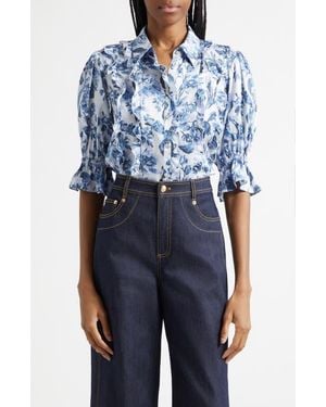 Cinq À Sept Midnight Floral Print Button-Up Shirt - Blue