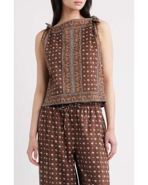 Doen Amalia Print Tie Shoulder Sleeveless Top - Brown