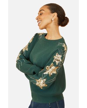 Yumi' Sequin Star Detail Relaxed Fit Sweater - Green