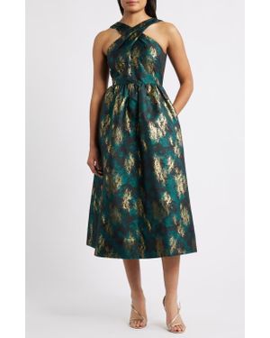 Anne Klein Metallic Crossover Neck Brocade Dress - Green