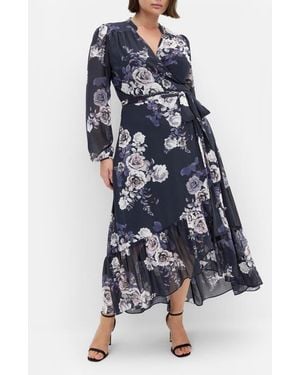 City Chic Jane Floral Print Long Sleeve Faux Wrap Maxi Dress - Blue