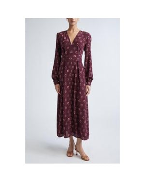 St. John Jill Abstract Ink Print Long Sleeve Silk Dress - Red