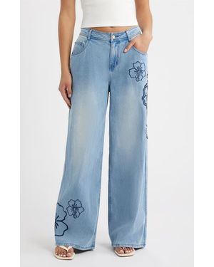 Kulani Kinis Floral Embroidered Wide Leg Jeans - Blue