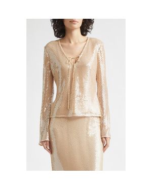 Toccin Zuri Sequin Flare Sleeve Top - Natural