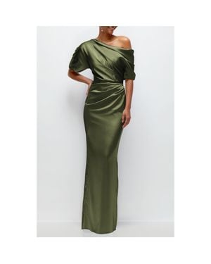 After Six Ruched One-Shoulder Satin Gown - Green