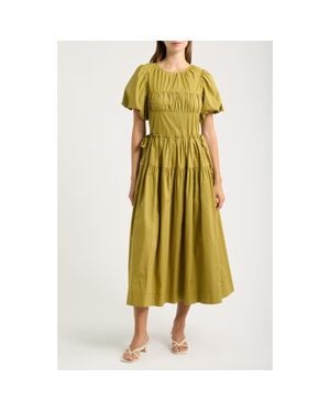 Moon River Smocked Puff Sleeve Midi Dress - Yellow