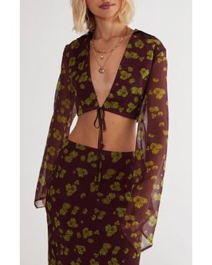 Nasty Gal Floral Tie Front Chiffon Crop Top - Brown