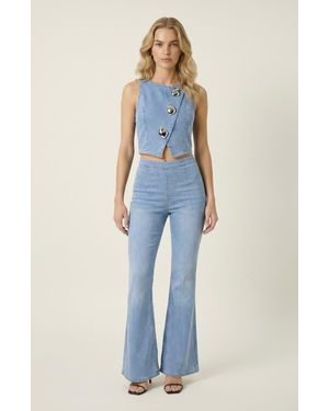 Modenaire Denim Vest And Wide Leg Pants Set - Blue