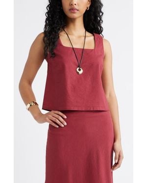 Open Edit Square Neck Sleeveless Linen Blend Top - Red