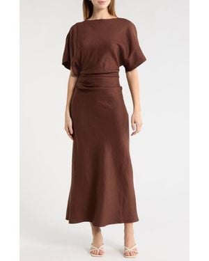 STAUD Amelie Ruched Waist Linen Blend Dress - Brown