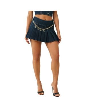 True Religion Chain Belt Pleated Denim Skirt - Blue