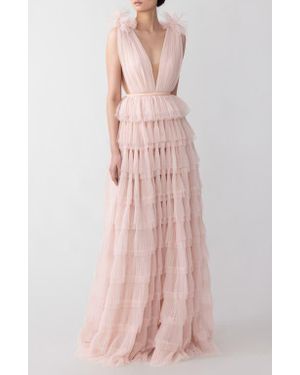 SAU LEE Sabrina Plunge Neck Tiered Tulle Gown - Pink