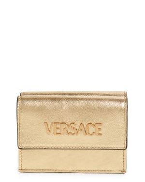 Versace Logo Metallic Leather Trifold Wallet - Natural