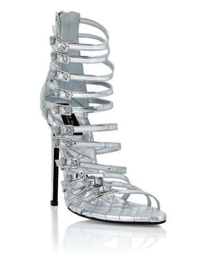 Philipp Plein Mirror Leather Sandals High Plein Heels Skull - White