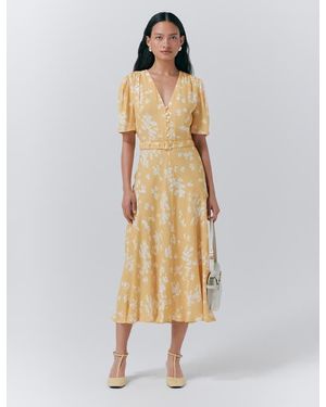 Ghost Jemima Crepe Floral Belted Midi Dress - Natural