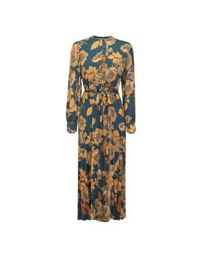 MiuMax Floral Satin Long Sleeve Waist Tie Pleated Dress - Multicolor