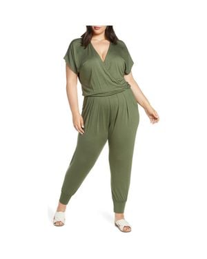 Loveappella Short Sleeve Wrap Top Jumpsuit - Green