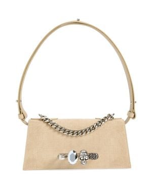 McQueen Mini Jeweled Croc Embossed Suede Top Handle Bag - Metallic