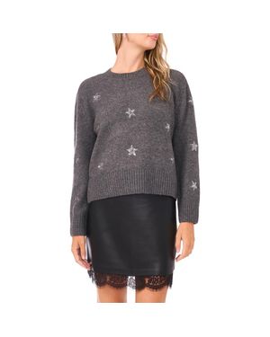 Vince Camuto Sequin Star Detail Crewneck Sweater - Gray