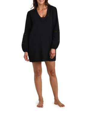 La Blanca Seaside Lace Inset Long Sleeve Cotton Cover-Up Dress - Black