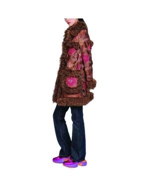 Anna Sui Poiret Rose Embroidered Faux Suede Faux Fur Trim Coat