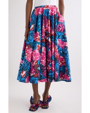Givenchy Rose Print Circular Cotton Poplin Midi Skirt - Blue