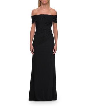 La Femme Off-The-Shoulder Ruched Jersey Gown - Black