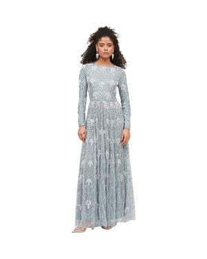 MARYISA Occasion Modest Embellished Sequin Beaded Floral Evening Maxi Dress - Gray