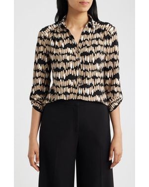 Anne Klein Print Three-Quarter Sleeve Button-Down Shirt - Black
