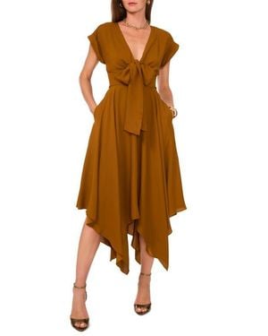 1.STATE Front Bow Handkerchief Hem Dress - Brown